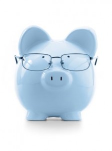 Blue piggy bank with glasses